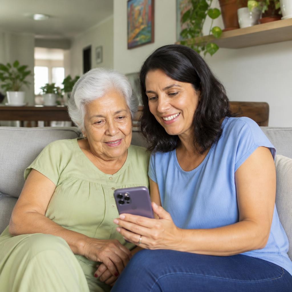 Família brasileira acompanhando a rotina de cuidados pelo celular