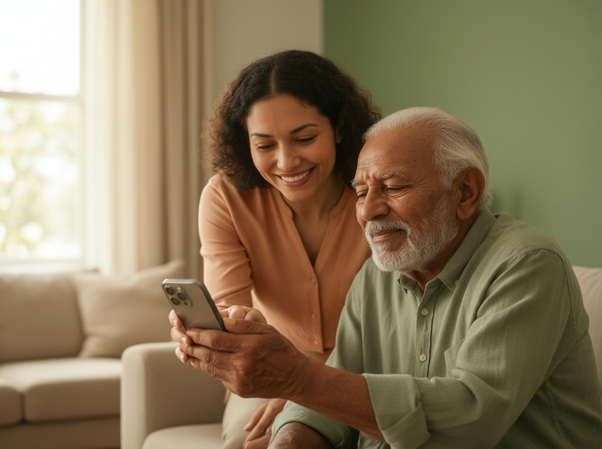 Cuidador segurando smartphone com app CuidarJuntos